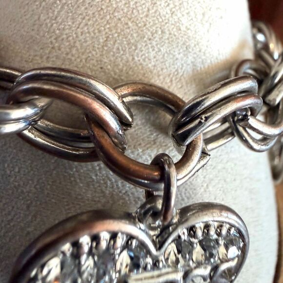 GUESS Silver Tone Heart Charm Bolo Bracelet with Rhinestones - Picture 4 of 11